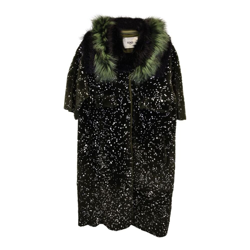 Fendi Fall 2014 Runway Speckled Fur-Trimmed Coat in Green Leather